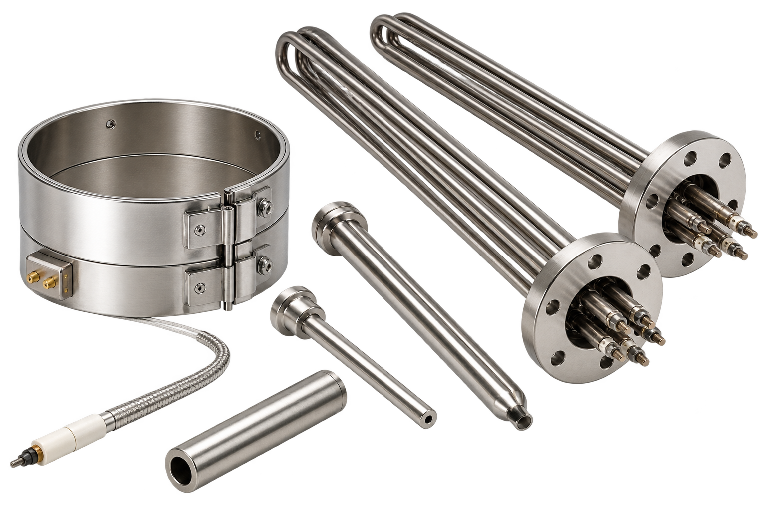 Industrial heaters including immersion, tubular and band heaters